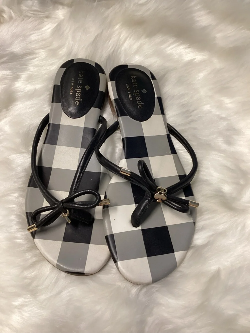 kate spade Black and White Gingham Slide Sandals with Bow